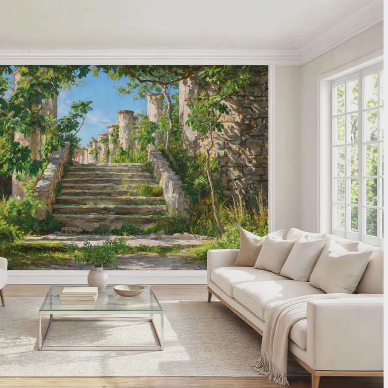 Vintage Italian garden ruins art print on a large full-wall wallpaper, showing a weathered stone pathway, columns, and climbing plants.
