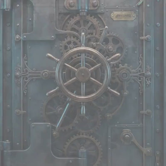 Antique vault door wrap with gears, a ship wheel, and brass-toned hardware