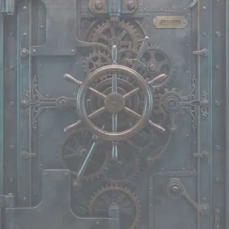 Antique vault door wrap with gears, a ship wheel, and brass-toned hardware