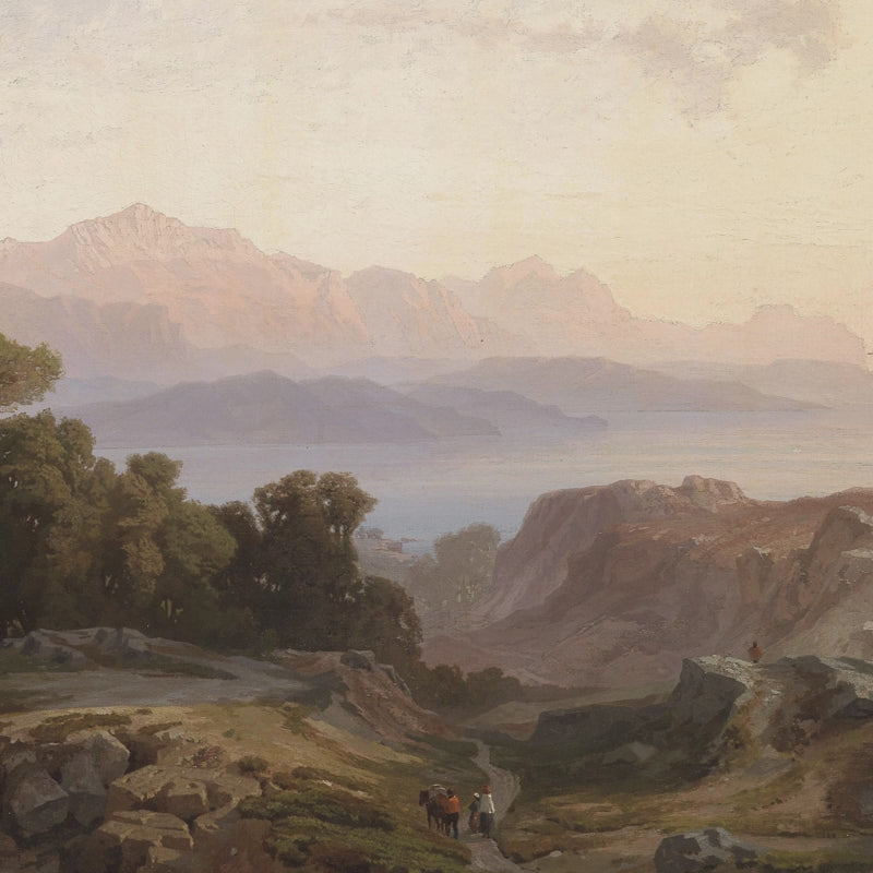Panoramic Mediterranean wall mural with soft sunset light above wooden wall panels.