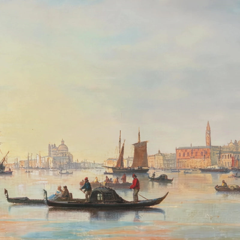 Classical 19th-century Italian coastal landscape wallpaper featuring historic ships in Venice, styled above a light floor in a bright, elegant interior.