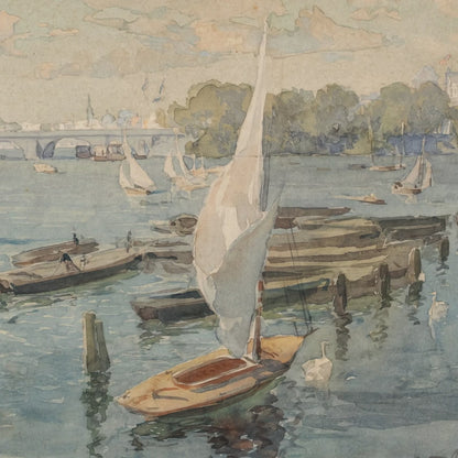 Fine art watercolor sailboat mural on a feature wall in a coastal dining room.