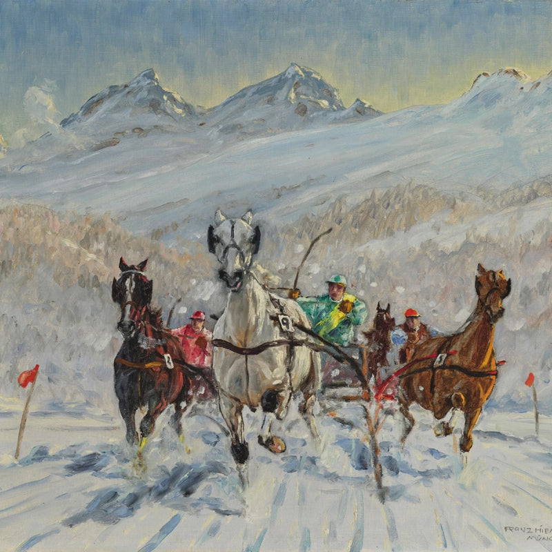 Large panoramic vintage wallpaper mural of an alpine horse race in the snow, styled on an accent wall behind a couch in a mountain resort chalet living room.