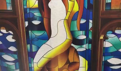 Magic Mermaid in brown frame, stained glass imitation, full door sticker mural, self-adhesive, single piece