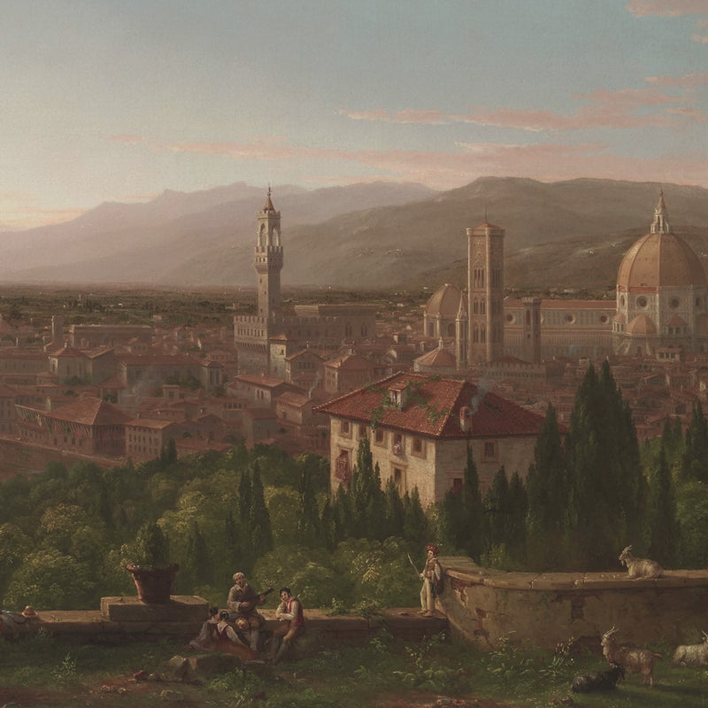 Panoramic Tuscan wall mural with soft golden sunrise light above wooden wall panels.