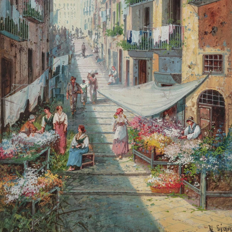 🇮🇹 Vintage Italian street market mural by Girolamo Gianni. 60x60 square size ideal above wainscoting for powder rooms. Choose peel & stick or non-woven! 💐