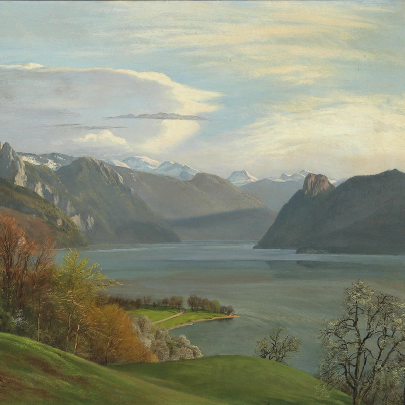 20th century oil painting reproduction wall mural of a pristine alpine lake landscape