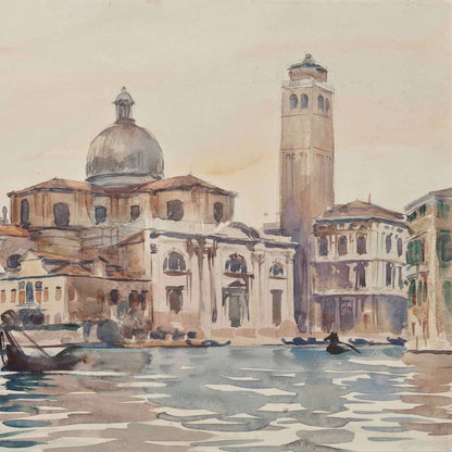 Classical impressionistic Venetian landscape wallpaper mural with soft pastel architecture, old palace facades, and a wide sky for a living room accent wall.