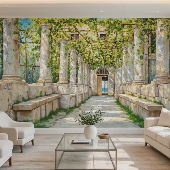 Immersive panoramic wallpaper mural depicting white stone pillars covered in green grape leaves under a bright blue sky, ideal for an expansive living room accent wall.