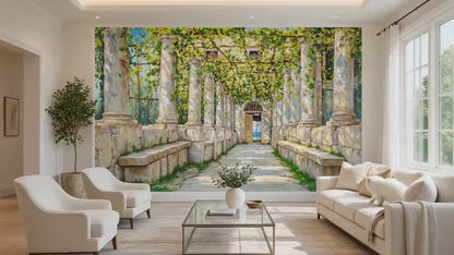 Immersive panoramic wallpaper mural depicting white stone pillars covered in green grape leaves under a bright blue sky, ideal for an expansive living room accent wall.