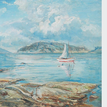 Coastal Grandmillennial wall mural featuring sky-blue sea, clouds, and rocky coast.