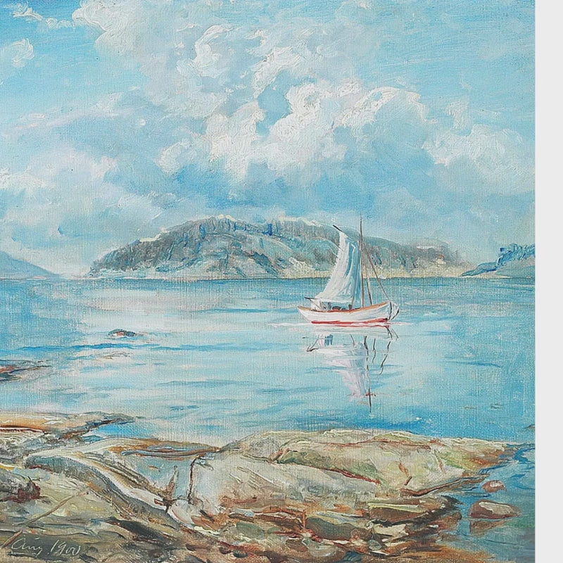 Coastal Grandmillennial wall mural featuring sky-blue sea, clouds, and rocky coast.