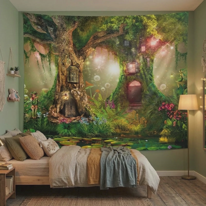 A large wall tapestry featuring a whimsical forest scene with a treehouse, glowing lanterns, flowers, and a pond.