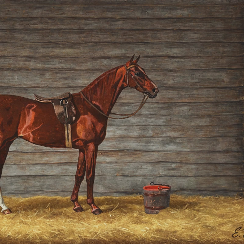 High-definition panoramic vintage wallpaper mural showing a graceful horse in a wooden barn with a bucket on the ground, installed in a luxury estate mudroom.