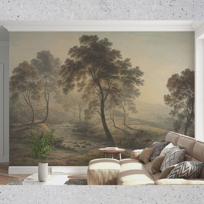 Muted Landscape Wall Mural | Vintage Oil Painting Wallpaper | Antique Forest