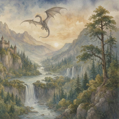 Medieval mountain landscape wallpaper featuring a flying dragon, castle and cascading waterfalls