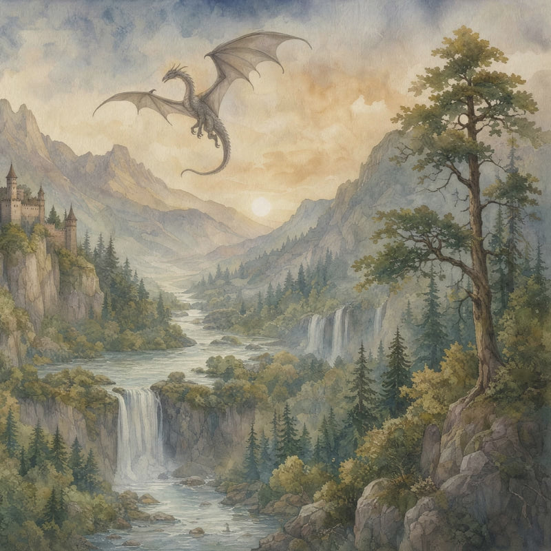 Medieval mountain landscape wallpaper featuring a flying dragon, castle and cascading waterfalls