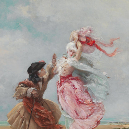 Fine art vintage coastal print wallpaper on laminated vinyl showing flowing pastel pink gowns, tricorn hat, and soft sky background.