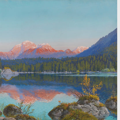 Early 20th century fine art landscape reproduction wall mural with evergreen pine forest
