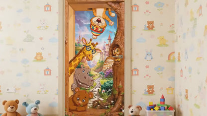 Cartoon Animals door sticker mural, wrap, cover. 1 piece, self-adhesive