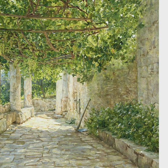 Classic Mediterranean landscape print wallpaper on non-woven vinyl, capturing realistic sunlight textures on a paved path and classical architectural columns.