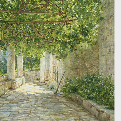 Classic Mediterranean landscape print wallpaper on non-woven vinyl, capturing realistic sunlight textures on a paved path and classical architectural columns.