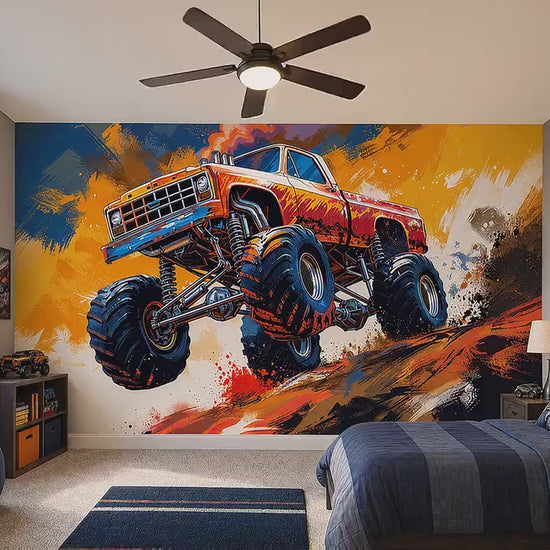 Removable peel and stick monster truck wallpaper installed in a teenager game room