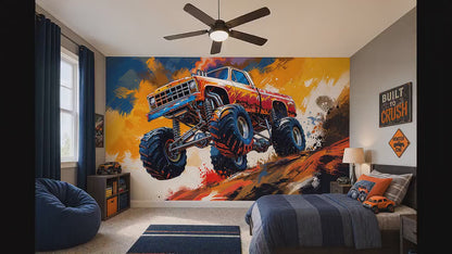 Removable peel and stick monster truck wallpaper installed in a teenager game room