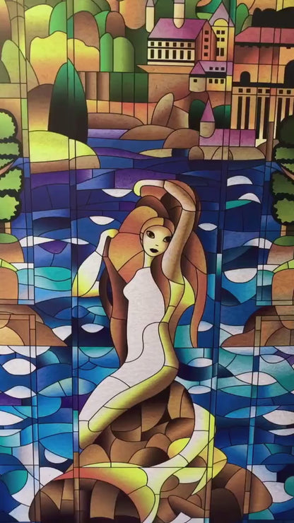 Magic Mermaid, stained glass imitation, full door sticker mural, self-adhesive, single piece