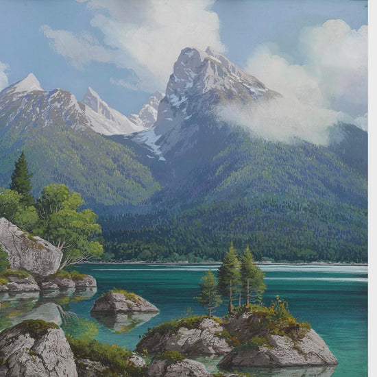 Emerald mountain lake scenery wallpaper behind sofa in modern living room