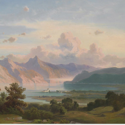 Nineteenth century style fine art wall covering showcasing a tranquil scenic landscape for dining room decor.
