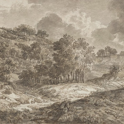 A 19th-century sepia forest landscape etching wall mural by Anthonie Waterloo with trees, hills, and clouds.