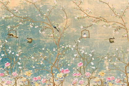 Chinoiserie Floral Bird Wall Mural | Vintage Botanical Peel & Stick Wallpaper