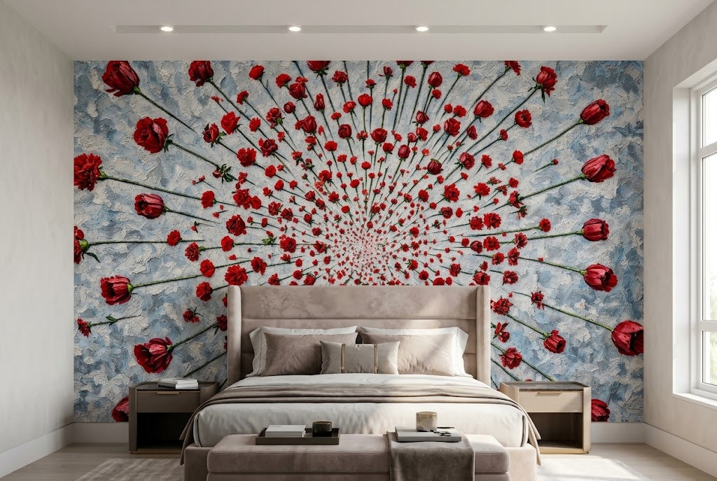 A large wall mural featuring a radial burst of red roses on a textured light blue background, installed behind a bed in a modern bedroom with white walls and a window.