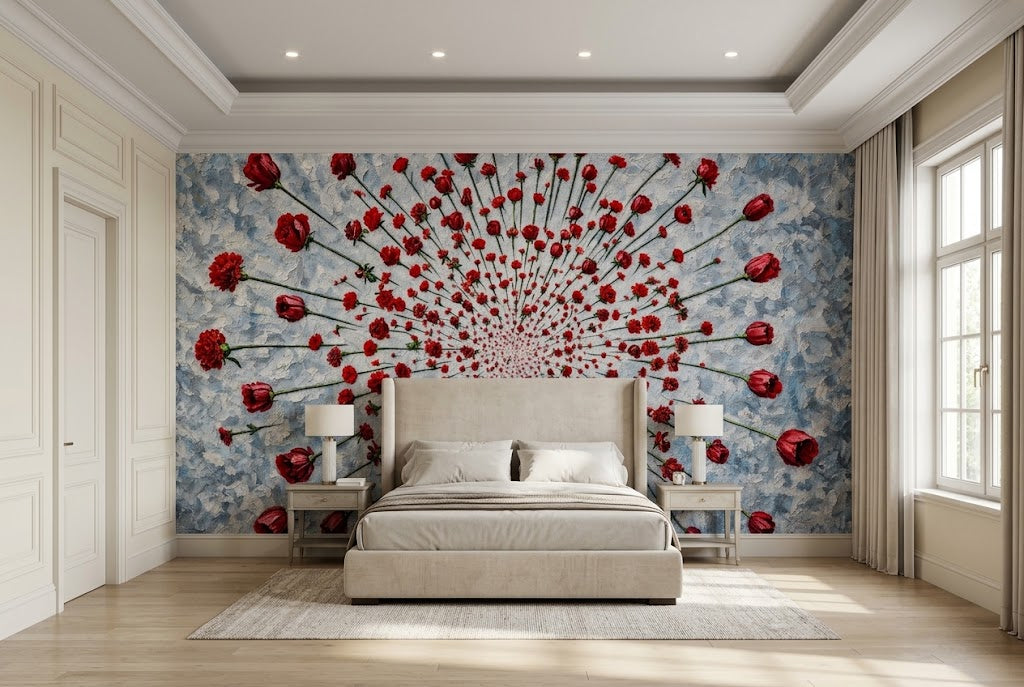 Bedroom with wallpaper showing a large-scale artistic botanical illustration with soft gray and white impasto background layers.