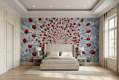 Bedroom with wallpaper showing a large-scale artistic botanical illustration with soft gray and white impasto background layers.
