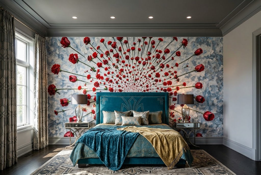 A luxury bedroom featuring a dramatic wall mural with a radial burst of red roses on a light blue and white marbled background, behind a teal upholstered bed with blue and gold bedding.