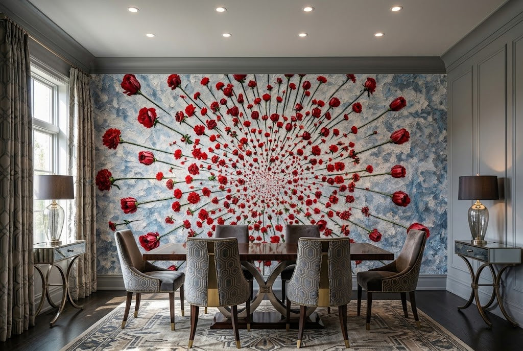 Traditional non-woven wall covering displaying a stunning optical illusion tunnel made of blooming red roses and thick paint strokes.