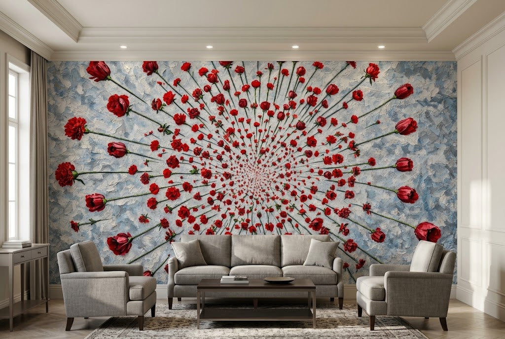 Oil painting floral wall mural featuring rich impasto red rose brushstrokes and a deep perspective tunnel design on a textured canvas background.