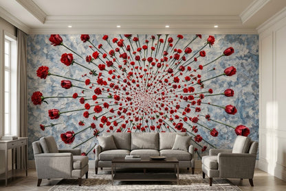 Oil painting floral wall mural featuring rich impasto red rose brushstrokes and a deep perspective tunnel design on a textured canvas background.