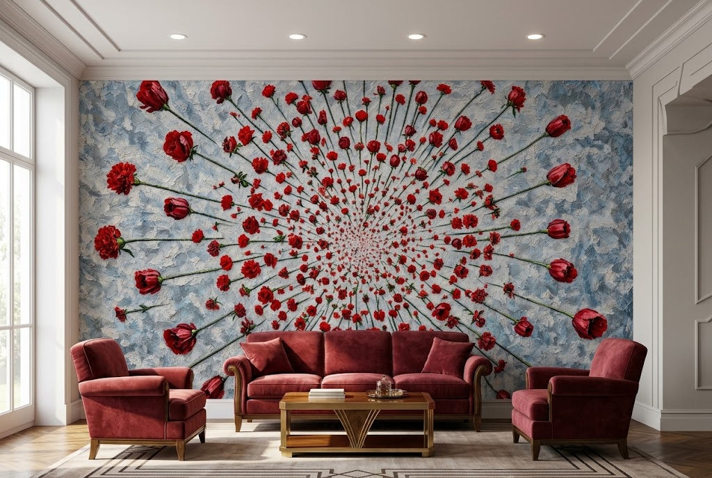 Stylish modern living room interior styled with an exquisite oil painting floral statement wall and luxury furnishings.