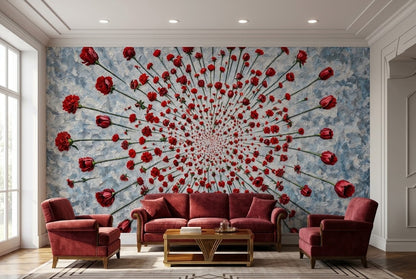 Stylish modern living room interior styled with an exquisite oil painting floral statement wall and luxury furnishings.