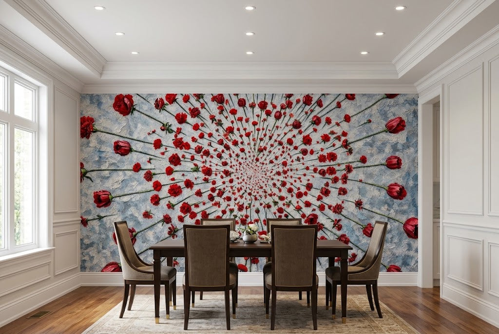 A large wall mural featuring a radial burst of red roses on a light blue textured background.