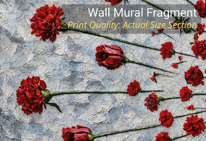 Close-up view of vibrant red flower buds arranged in a radial geometric pattern with visible oil paint texture for a modern accent wall.