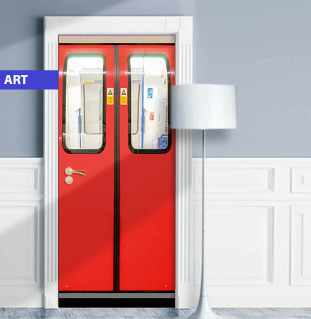 Red Subway Train Door Wrap Peel and Stick Metro Mural