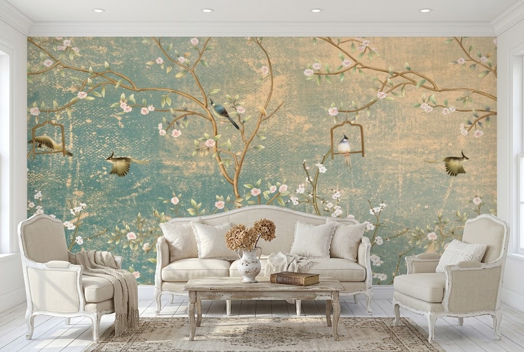 Chinoiserie Floral Bird Wall Mural | Vintage Botanical Peel & Stick Wallpaper