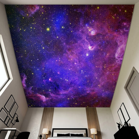 Celestial galaxy ceiling mural featuring rich indigo and magenta nebula clouds, bright gold star clusters, and deep space aesthetics.