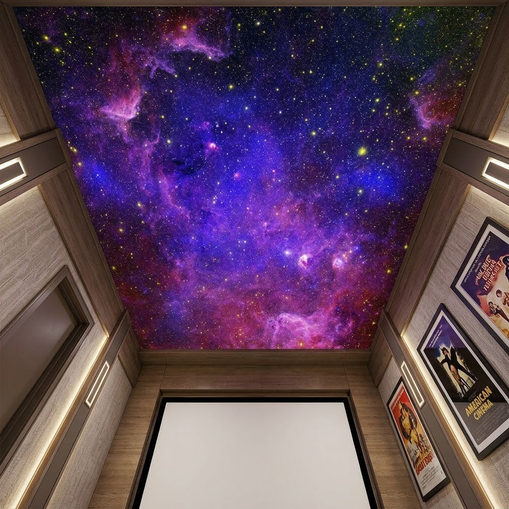 Stylish modern home theater interior styled with a dark cosmic ceiling statement.