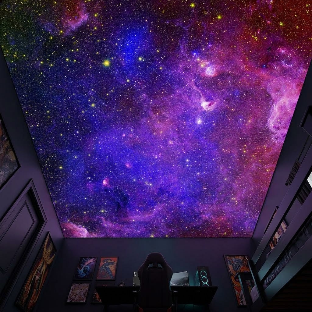 A dark gaming room with a large ceiling mural showing a vibrant purple, blue, and pink galaxy nebula filled with stars. A black gaming chair sits at a desk below the mural, with framed wall art on the dark side walls.