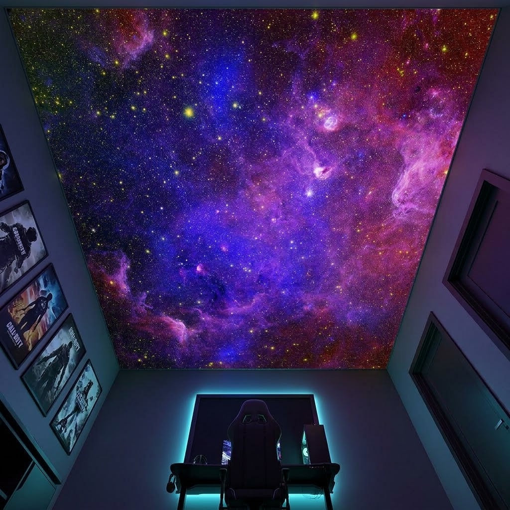 A dark gaming room with a large wall mural or ceiling print showing a vivid purple, blue, pink, and orange galaxy nebula. A black gaming chair sits at a desk with blue LED lighting underneath, and framed sci-fi posters are displayed on the left wall.
